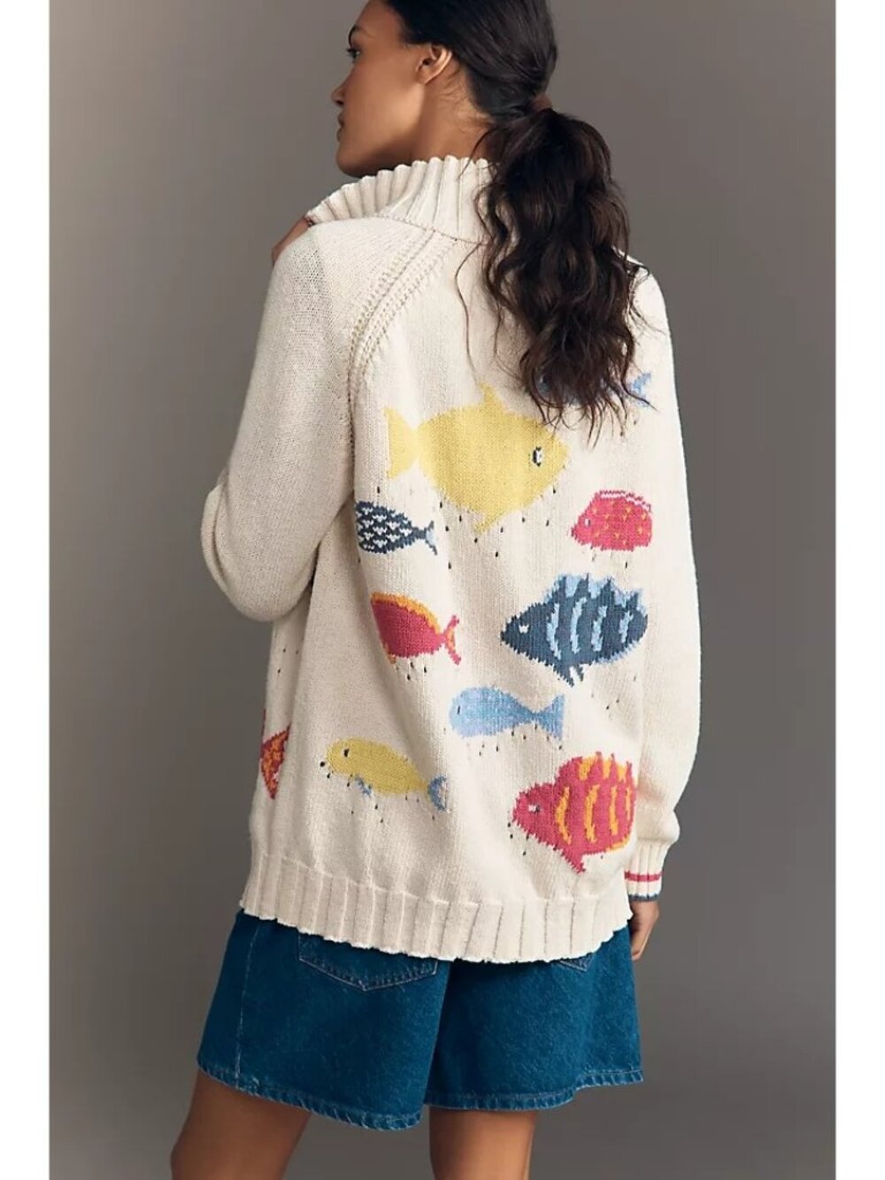 Anthropologie Cream Fish-Print Knit Cardigan with Multicolor Accents